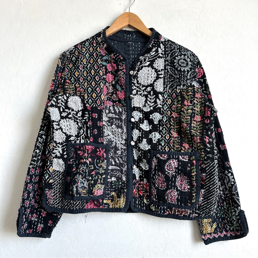 Handmade India Kantha Jacket Women L/XL Quilted Patchwork Floral Black